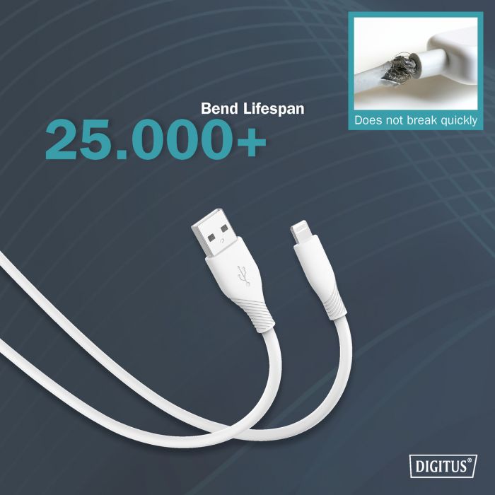 Кабель USB-A > Lightning заряджання/синхронізації, DIGITUS, 2м, USB 2.0, 12W, силіконовий, білий