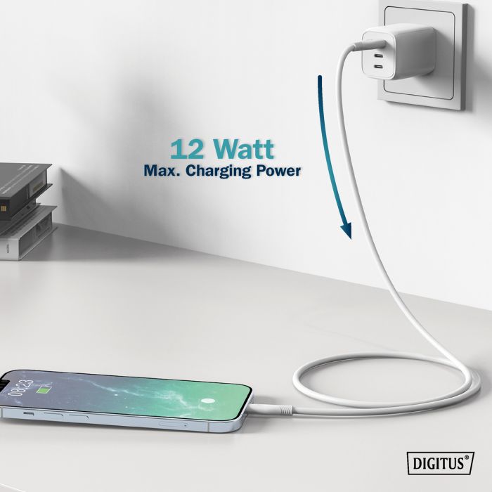 Кабель USB-A > Lightning заряджання/синхронізації, DIGITUS, 2м, USB 2.0, 12W, силіконовий, білий