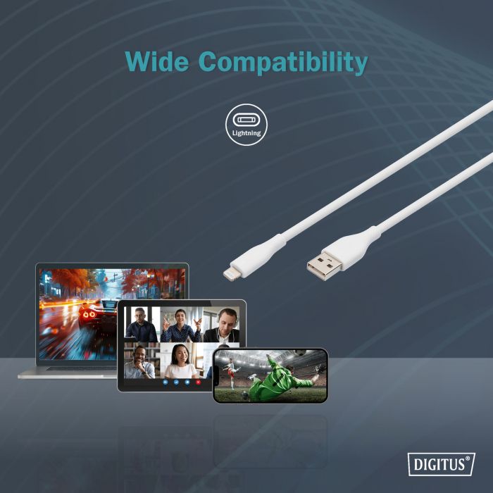 Кабель USB-A > Lightning заряджання/синхронізації, DIGITUS, 1м, USB 2.0, 12W, силіконовий, білий