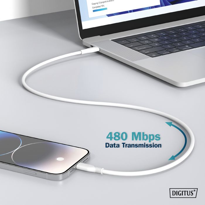 Кабель USB-A > Lightning заряджання/синхронізації, DIGITUS, 1м, USB 2.0, 12W, силіконовий, білий