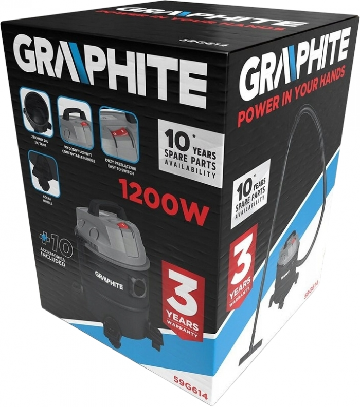 Пилосос професійний GRAPHITE, 1200Вт, 18кПа, контейнер 20л, розетка 220В/1200В,  колеса