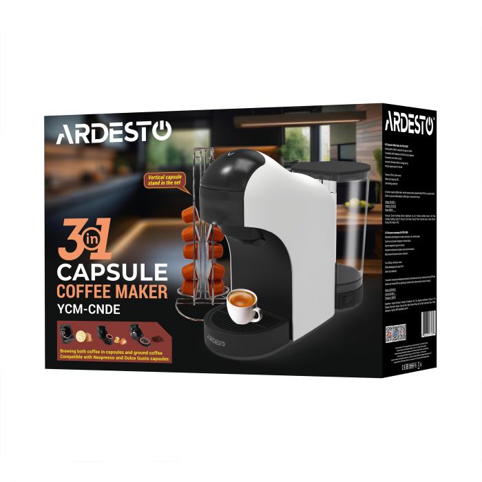 Кавоварка ARDESTO  3в1, 0.9л, капсули Nespresso, Nescafe Dolce Gusto, мелена кава, сенсорне керування, білий