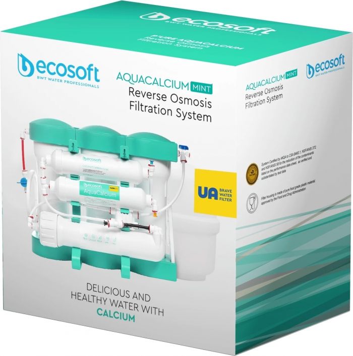 Фільтр зворотного осмосу Ecosoft P’URE AQUACALCIUM Mint, мембрана 75gpd DuPont, картридж AquaCalcium збагачує мінералами, дренаж 1:1