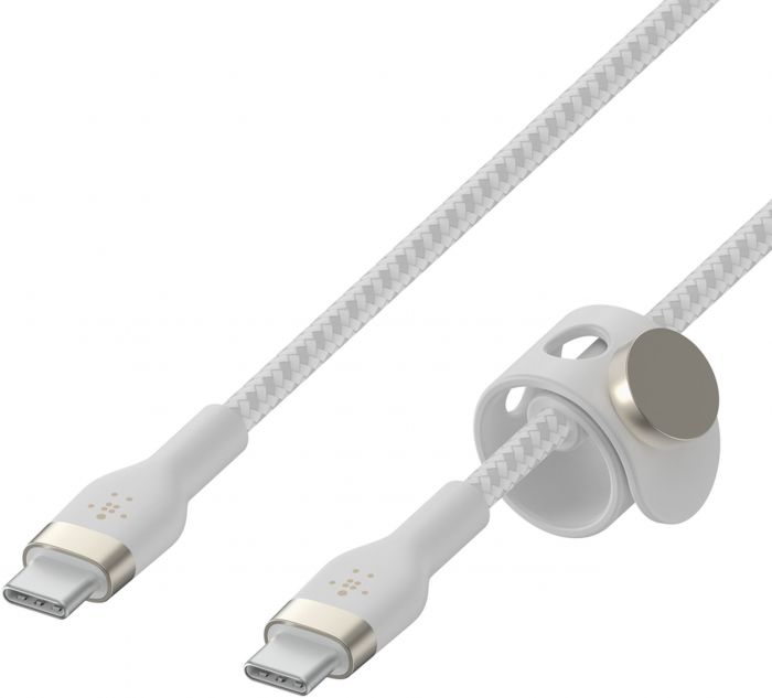 Кабель USB-C > USB-C заряджання/синхронізації Belkin 2м, 60Вт, Type-C, плетений, силіконовий, з ремінцем на магніті, білий