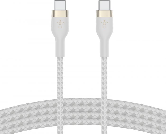 Кабель USB-C > USB-C заряджання/синхронізації Belkin 2м, 60Вт, Type-C, плетений, силіконовий, з ремінцем на магніті, білий