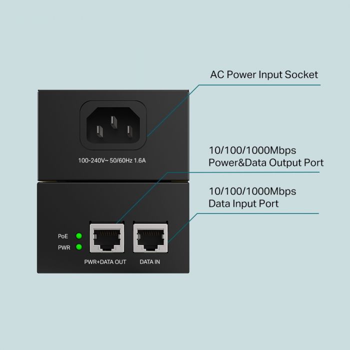 Інжектор PoE TP-LINK POE170S 1xGE, 1xGE PoE, 60Вт