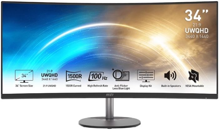 Монітор MSI 34" PRO MP341CQ 2xHDMI, DP, MM, VA, 3440x1440, 21:9, 100Hz, 4ms, sRGB 116%, CURVED, FreeSync