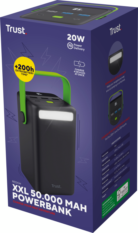 Акумулятор портативний літій-іонний power bank Trust Redoh XXL, 50000мА·год, 3хUSB-A/USB-C, 20W, чорний