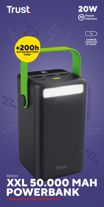 Акумулятор портативний літій-іонний power bank Trust Redoh XXL, 50000мА·год, 3хUSB-A/USB-C, 20W, чорний