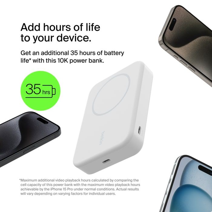 Акумулятор портативний літій-іонний Power Bank Belkin 8000мА·год, 15Вт, MagSafe Qi2, білий