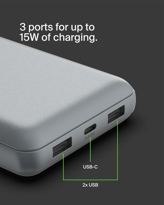 Акумулятор портативний літій-іонний Power Bank Belkin 20000мА·год, 15Вт, 2хUSB-A/USB-C, cірий