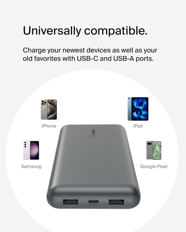 Акумулятор портативний літій-іонний Power Bank Belkin 20000мА·год, 15Вт, 2хUSB-A/USB-C, cірий