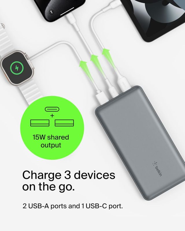 Акумулятор портативний літій-іонний Power Bank Belkin 20000мА·год, 15Вт, 2хUSB-A/USB-C, cірий