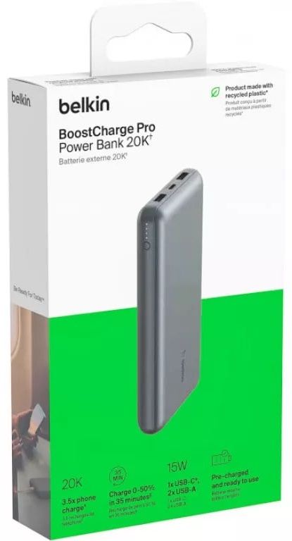 Акумулятор портативний літій-іонний Power Bank Belkin 20000мА·год, 15Вт, 2хUSB-A/USB-C, cірий