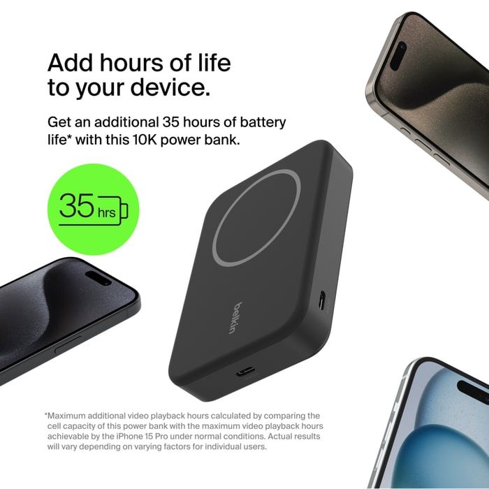 Акумулятор портативний літій-іонний Power Bank Belkin 10000мА·год, 15Вт, MagSafe Qi2, чорний