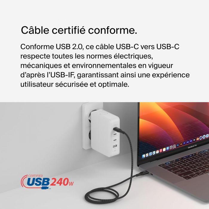 Кабель USB-C > USB-C заряджання/синхронізації Belkin 2м, 240Вт, Type-C, плетений, чорний