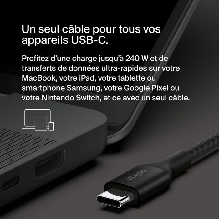 Кабель USB-C > USB-C заряджання/синхронізації Belkin 2м, 240Вт, Type-C, плетений, чорний