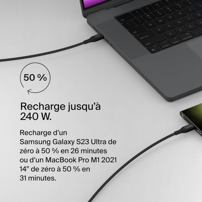 Кабель USB-C > USB-C заряджання/синхронізації Belkin 1м, 240Вт, Type-C, плетений, чорний