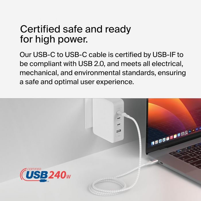 Кабель USB-C > USB-C заряджання/синхронізації Belkin 1м, 240Вт, Type-C, плетений, білий