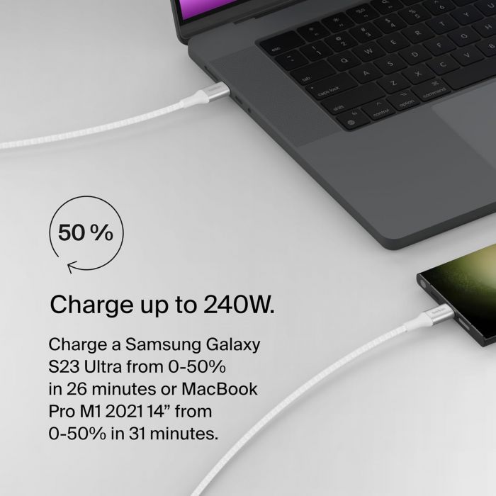 Кабель USB-C > USB-C заряджання/синхронізації Belkin 1м, 240Вт, Type-C, плетений, білий