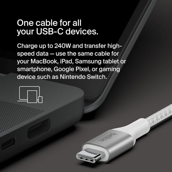 Кабель USB-C > USB-C заряджання/синхронізації Belkin 1м, 240Вт, Type-C, плетений, білий