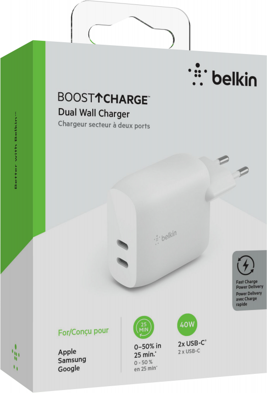 Зарядний пристрій мережевий Belkin 40Вт 2хUSB-С PD, білий