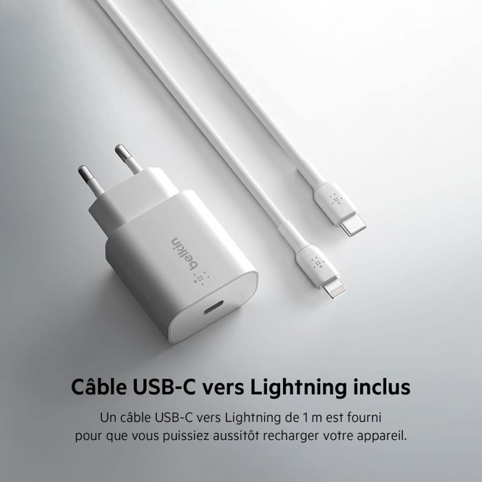 Зарядний пристрій мережевий Belkin 25Вт USB-С PD PPS, кабель USB-С > Lightning, 1м, PVC, білий