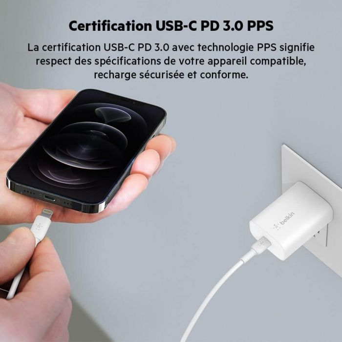 Зарядний пристрій мережевий Belkin 25Вт USB-С PD PPS, кабель USB-С > Lightning, 1м, PVC, білий