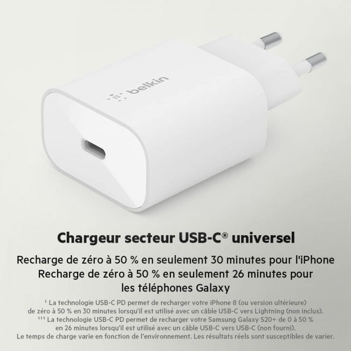 Зарядний пристрій мережевий Belkin 25Вт USB-С PD PPS, кабель USB-С > Lightning, 1м, PVC, білий