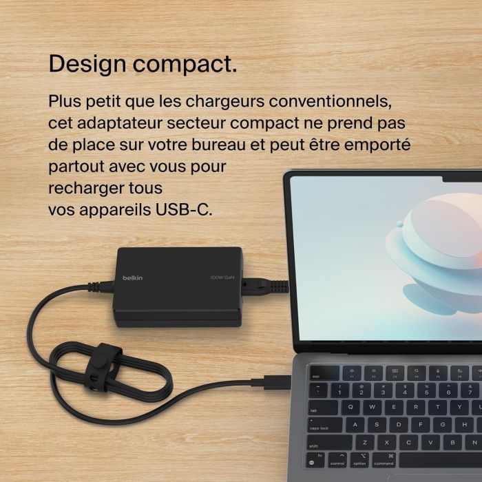 Зарядний пристрій мережевий Belkin 100Вт USB-С GAN PD PPS, кабель USB-C 2м, чорний OEM