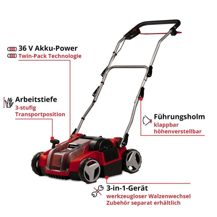 Аератор-скарифікатор акумуляторний Einhell GE-SC 36/35 Li - Solo 36В 35см безщітковий ножи 16шт 9.94кг (без АКБ та ЗП)