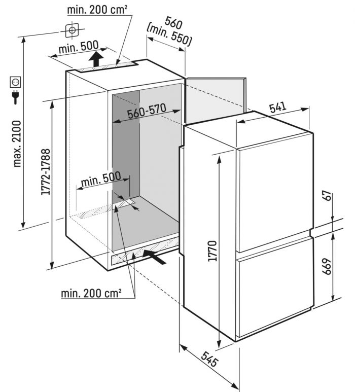 Холодильник Liebherr вбудований з нижн. мороз., 177x54.1х54.5, холод.відд.-182л, мороз.відд.-69л, 2дв., A++, NF, диспл внутр., білий