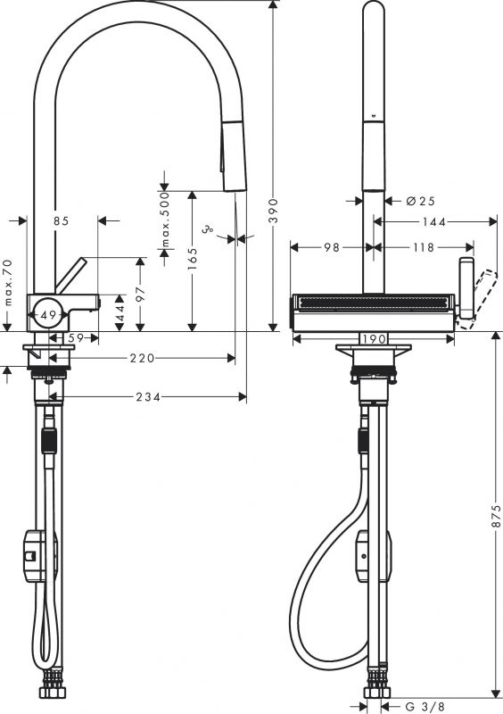 Змішувач для кухні Hansgrohe Aquno Select M81, довж.виливу - 220мм, поворотний, витяжний, 1 важіль, чорний матовий