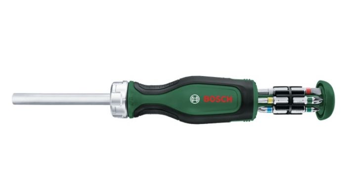 Викрутка Bosch з тріскачкою, 12 насадок, руків'я PC+ABS+TPR , 207мм, сталь CrV