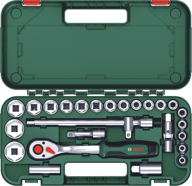 Набір торцевих головок Bosch, 1/2", 25 предметів, з тріскачкою