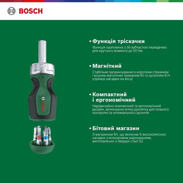 Викрутка з храповиком Bosch 6 насадок