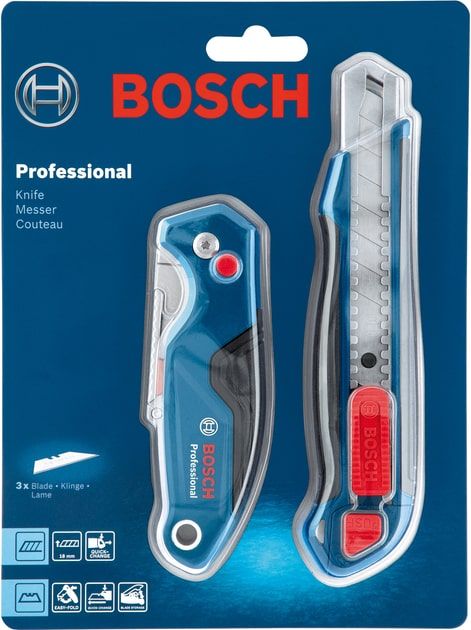 Ніж будівельний Bosch, набір 2 шт, складний трапецієподібний корпус пластик, сегментований корпус пластик