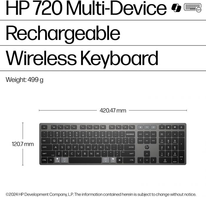 Клавіатура мембранна HP 720 Multi-Device Rechargeable, 109key, WL/BT, EN/UK, чорний