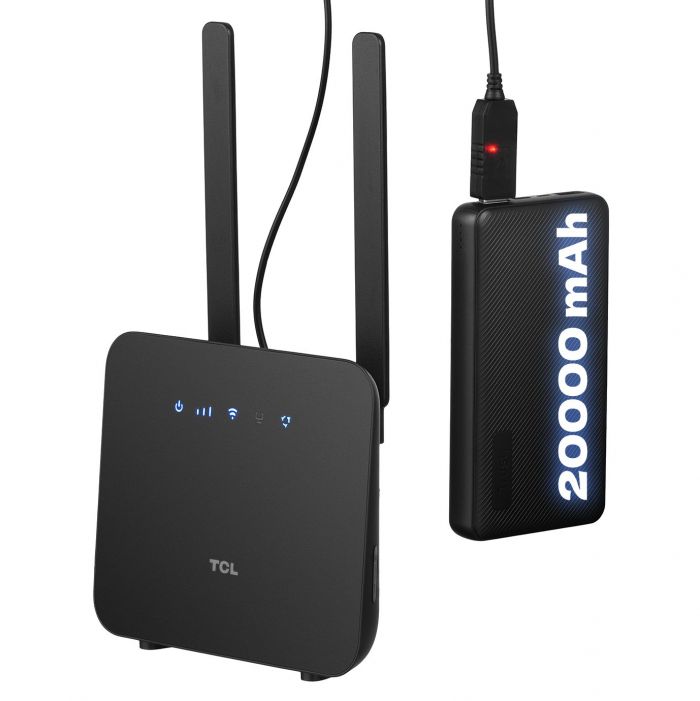 Маршрутизатор TCL LINKHUB (HH42CV2) LTE, Wi-Fi4, 1xFE LAN/WAN, 1xFE LAN, 2xSMA, Чорний + Power Bank 20000мА·год + USB-DC кабель 5В-12В