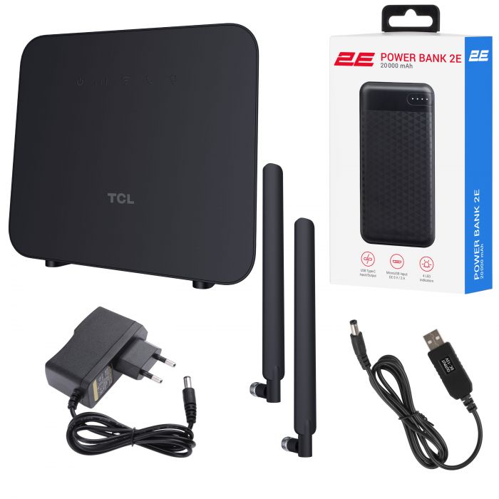 Маршрутизатор TCL LINKHUB (HH42CV2) LTE, Wi-Fi4, 1xFE LAN/WAN, 1xFE LAN, 2xSMA, Чорний + Power Bank 20000мА·год + USB-DC кабель 5В-12В