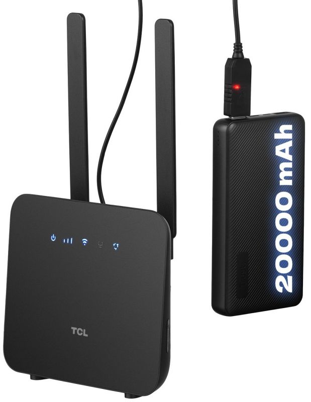 Маршрутизатор TCL LINKHUB (HH42CV2) LTE, Wi-Fi4, 1xFE LAN/WAN, 1xFE LAN, 2xSMA, Чорний + Power Bank 20000мА·год + USB-DC кабель 5В-12В