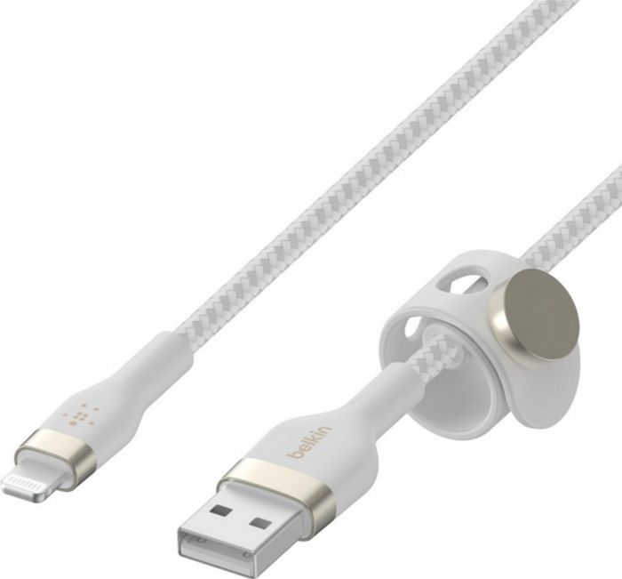 Кабель USB-A > Lightning заряджання/синхронізації Belkin, 3м, плетений, силіконовий, з ремінцем на магніті, білий