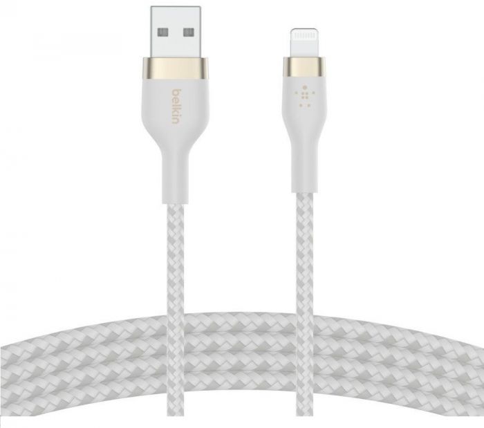 Кабель USB-A > Lightning заряджання/синхронізації Belkin, 3м, плетений, силіконовий, з ремінцем на магніті, білий