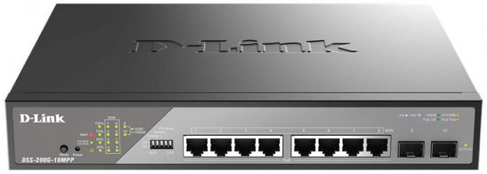 Комутатор D-Link DSS-200G-10MPP 8xGE PoE, 2xSFP, 242Вт, Некерований