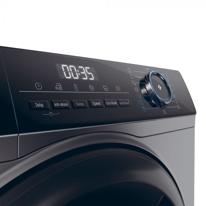Пральна машина Haier фронтальна, 9кг, 1400, A+++, 60см, дисплей, пара, інвертор, люк чорний, прямий привід, cріблястий
