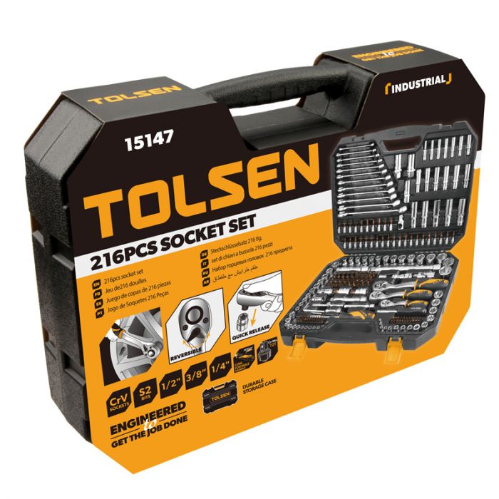 Набір інструментів Tolsen, 216шт, 1/2", 1/4", 3/8", комбіновані ключі, торцевы головки, біти,CrV, кейс