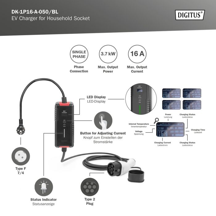 Пристрій зарядний DIGITUS EV Single Phase, 3.7kW, 5 m, Schuko to Type 2, з блоком керування та індикуації заряду