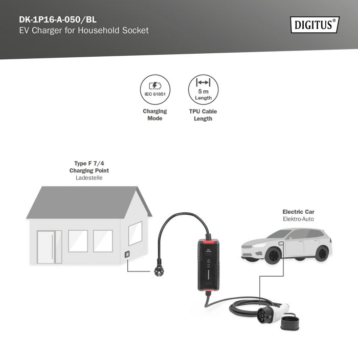 Пристрій зарядний DIGITUS EV Single Phase, 3.7kW, 5 m, Schuko to Type 2, з блоком керування та індикуації заряду