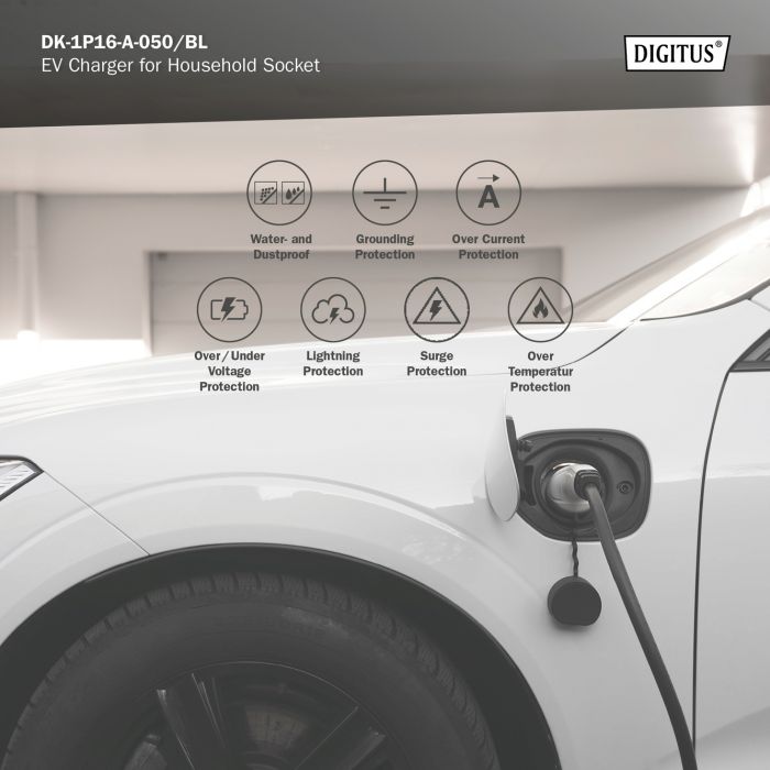 Пристрій зарядний DIGITUS EV Single Phase, 3.7kW, 5 m, Schuko to Type 2, з блоком керування та індикуації заряду