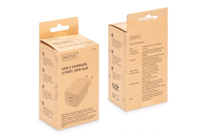 Зарядний пристрій DIGITUS 2хUSB-C, 65W, GaN